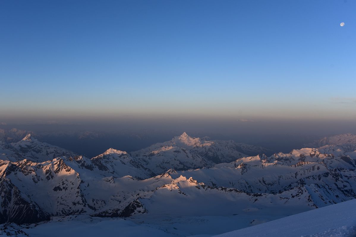 04D Moon Over Sunrise On Mounts Tsalgmili, Shdavleri, Azau, Ullu-kam To The Southwest From Mount Elbrus Climb